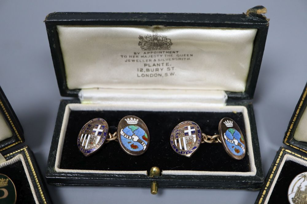 Three assorted cased pairs of 1950s 9ct gold and enamel cufflinks relating to HRH Prince Philip, see images for detail,